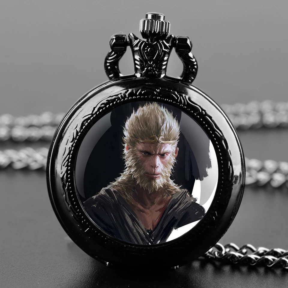 Čierny mýtus: Wukong Game Glass Dome Vintage Arabic Numerrals Quartz Pocket Watch Náhrdelník Prívesok Hodiny hodinových reťazcov Pánske chlapci darček