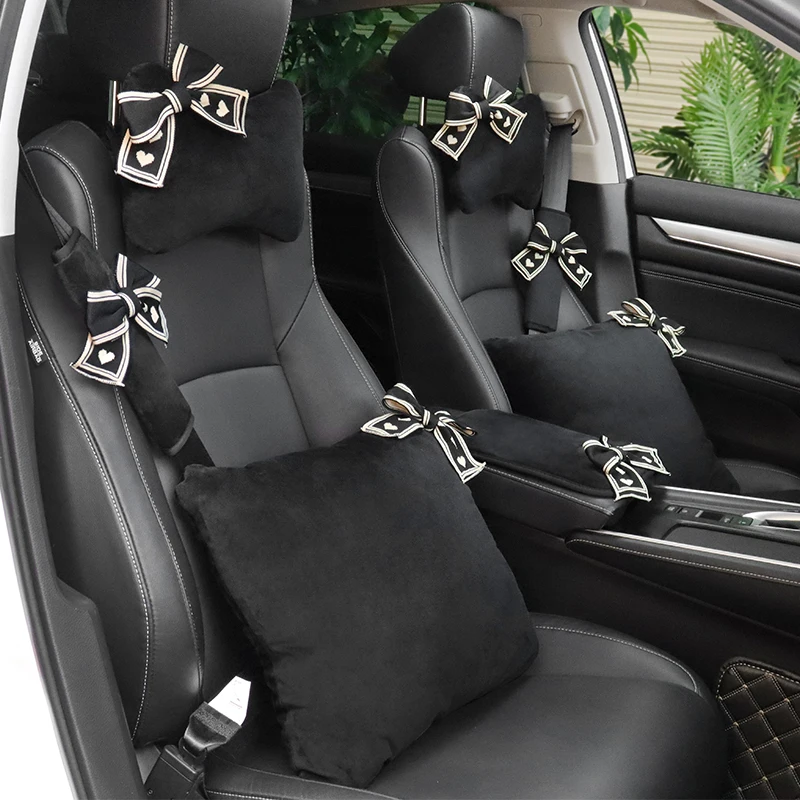 Čierny pletací milenca luk auto Interior Accessories for Women Universal Car Neck vankúš hlava hlava automatický pás podpora bezpečnostného pásu
