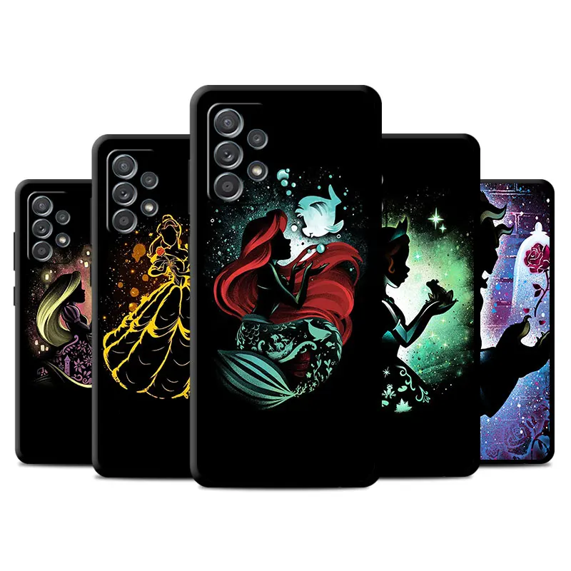 Čierny puzdro pre telefón Samsung Galaxy A13 A22 5G A51 A32 A54 A23 A72 A12 A52 A34 A33 Silikónový kryt Disney Cartoon Princess Line