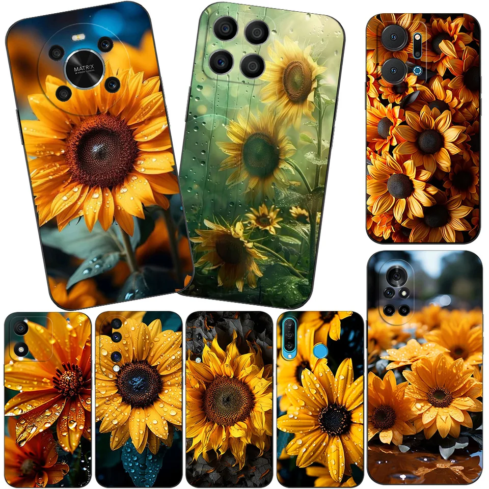 Čierny puzdro TPU pre Huawei Honor X9 X8 50 Lite Pro 10 Lite Nova Y70 Y90 plus 5t 8 9 4G 5G 8i x8a x9a Cool Sunflower