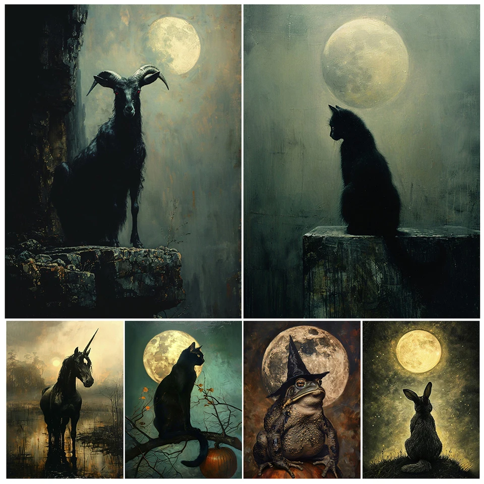 Čierny sobota, Magické zvieracie zviera, Dark Gothic Fantasy Art Plagát a tlač, Satan satanská koza, mačka, sovňa, hororové nástenné umenie dekor