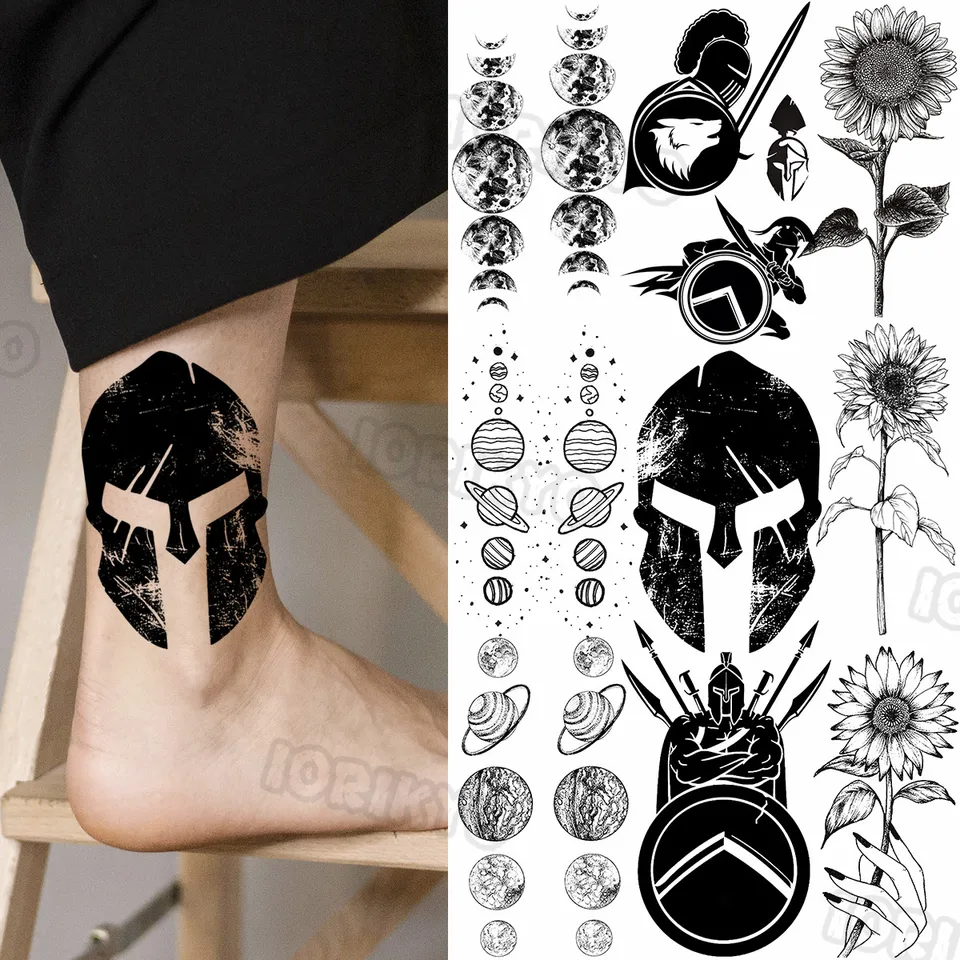 Čierny spartan malé dočasné tetovanie pre ženy dievčatá realistické slnko kvet kozmického meča falošný tetovací nálepka DIY Arm Tatoos