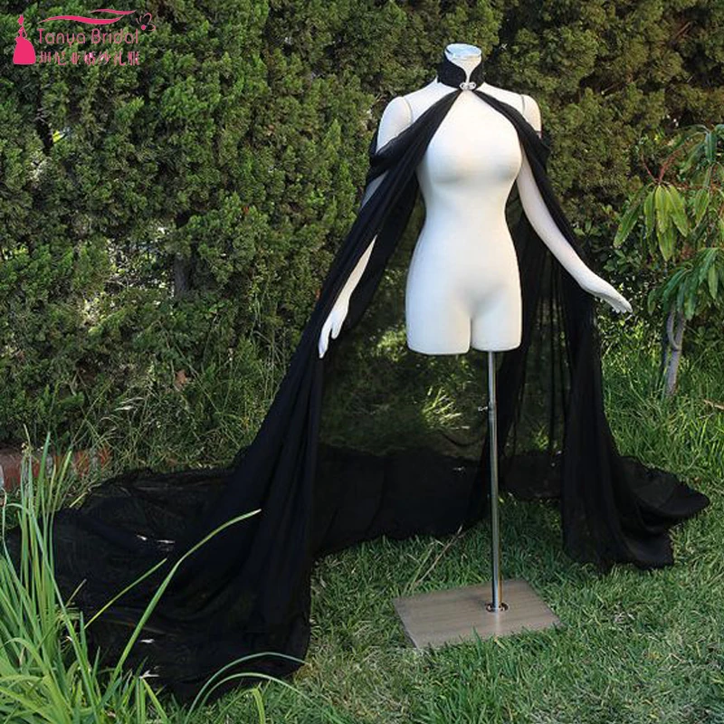 Čierny šifón Cape Long Elegantná móda vysoký krk Bolero Novia Boleros pre svadobnú bundu pre ženy lacný Z901