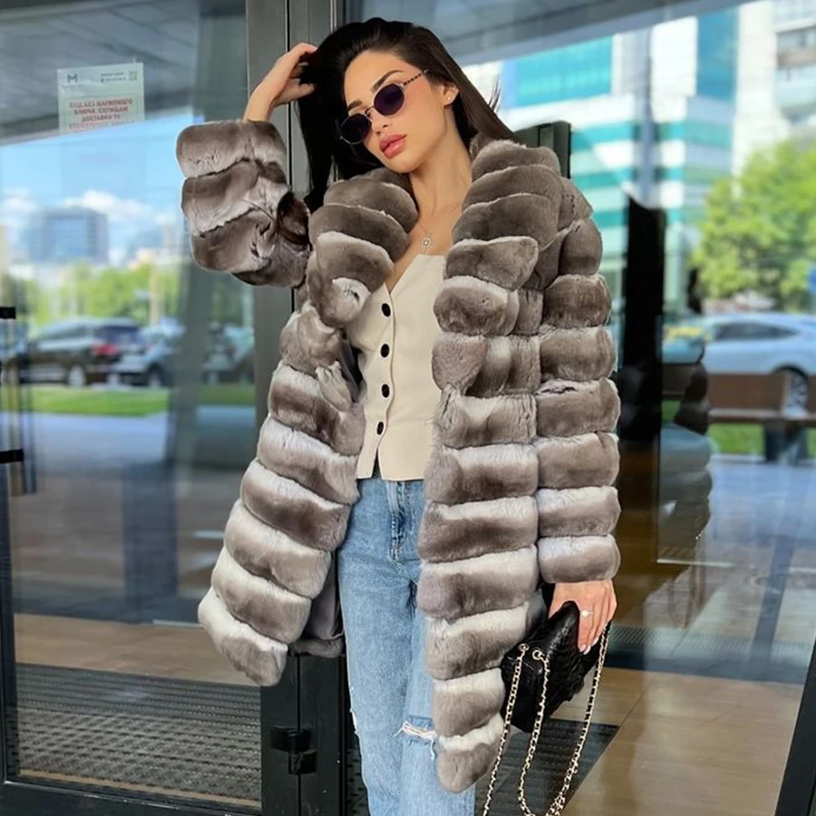 Činchilla rex králičie kožušina Lona Natural Rabbit Curr Cort Long Winter Coats Foiwomen 2024 Luxusný nový príchod
