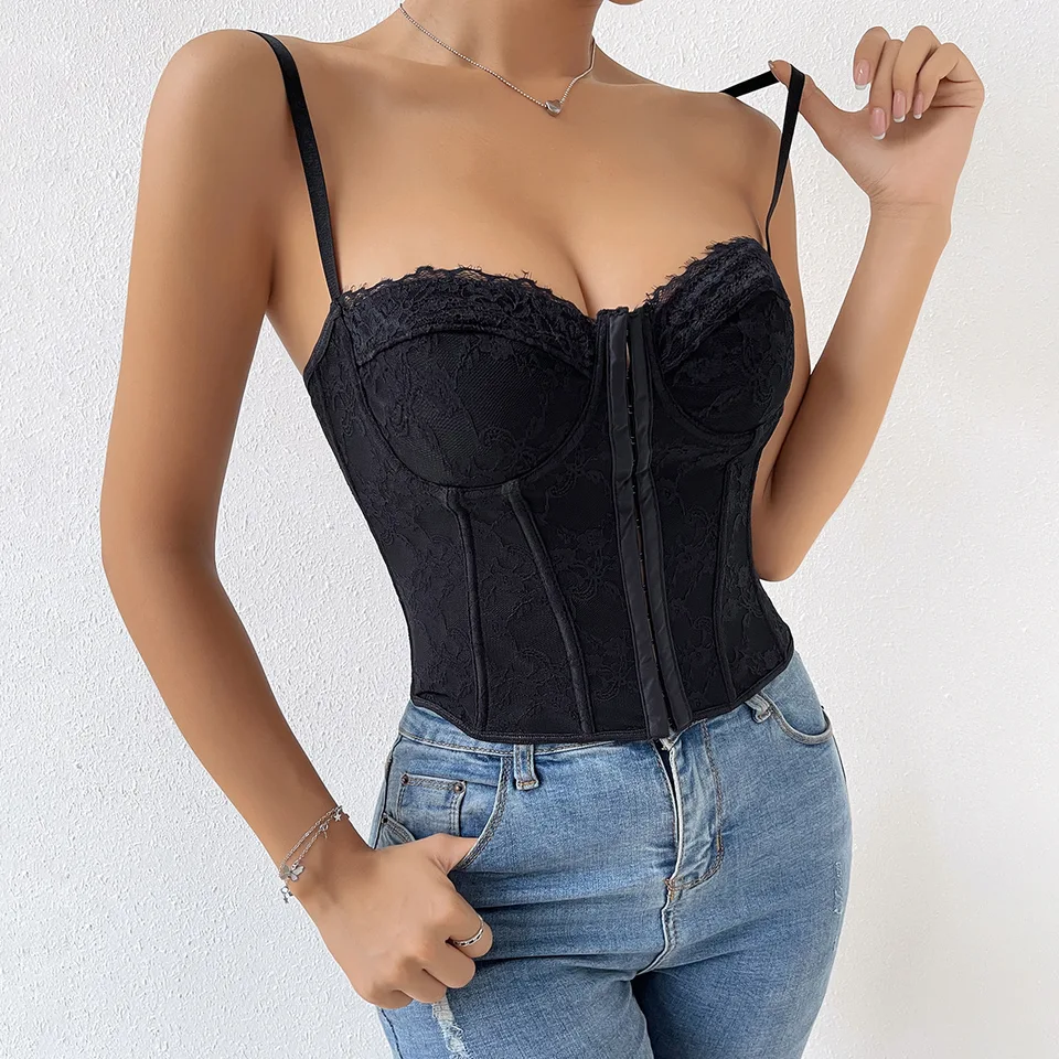 Čipka backless Casy Corzet Bustier Tank top top čierne rukávy bez rukávov letná móda sexy plodiny vrcholy dámske tvary tela štíhle praky