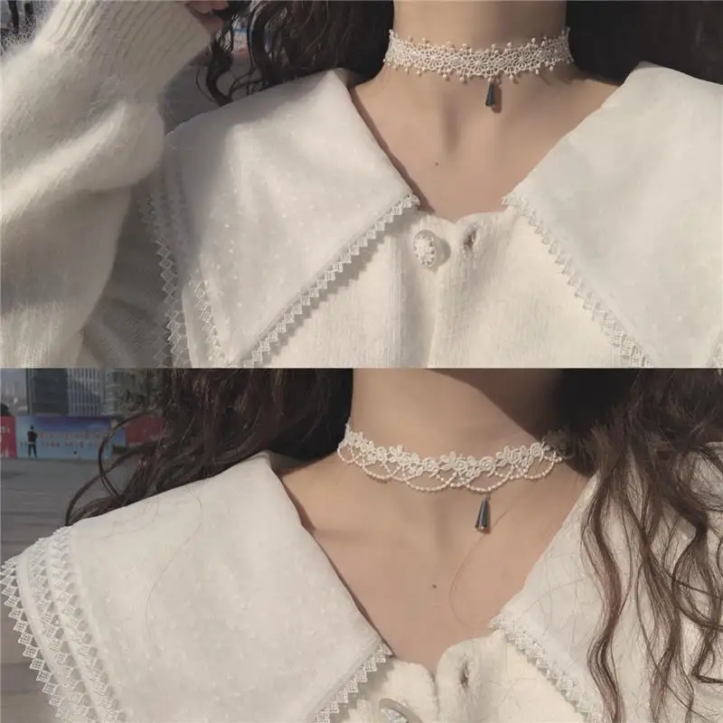 Čipka Choker náhrdelník pre ženy retro biely zamatový úsek Strip Strih Bowknot Star Charm Krátky klenba Náhrdelník šperky darček pre dievča