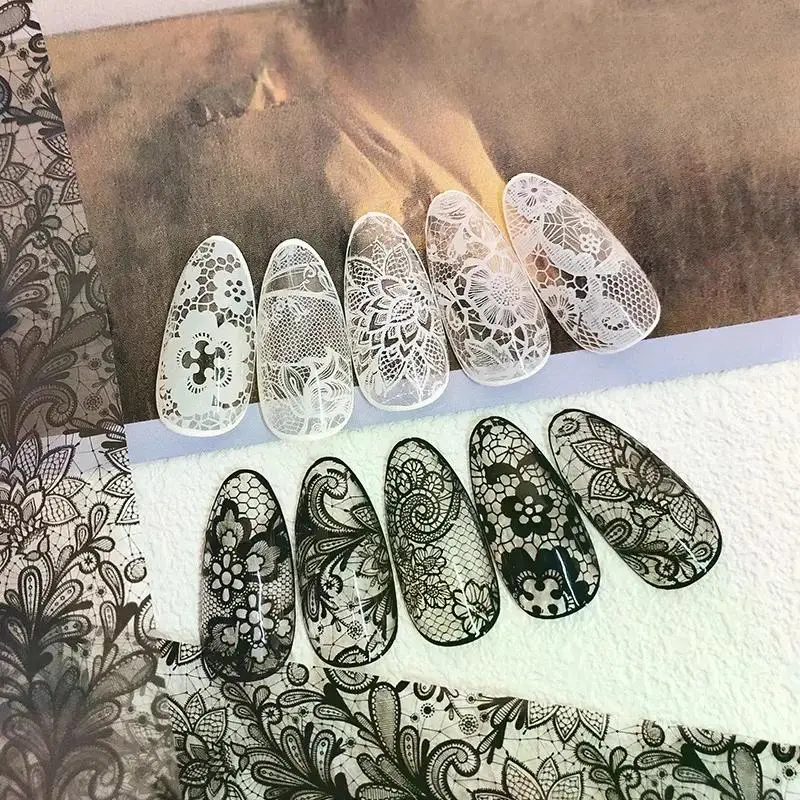 Čipka na prenos nechtov Stiapka na nechty Art Foils Set 10 roliek/skrinka biely čierny papier pre domácich majstrov