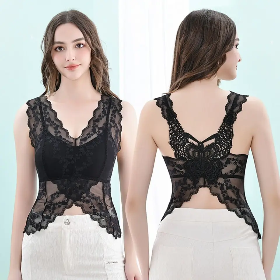 Čipka s dutou bez rukávov Tank horná motýľa krásy zadná letná trubica Top Slim Fit s prsným podložkou Krátka tank Ženy
