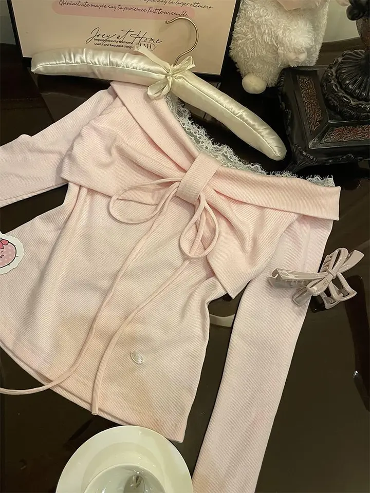 Čipka zostrihajúca luk breh krk ružové tričká Ženy sexy mimo rameno s dlhým rukávom štíhly fit pullover tričko y2k estetické sladké topenie