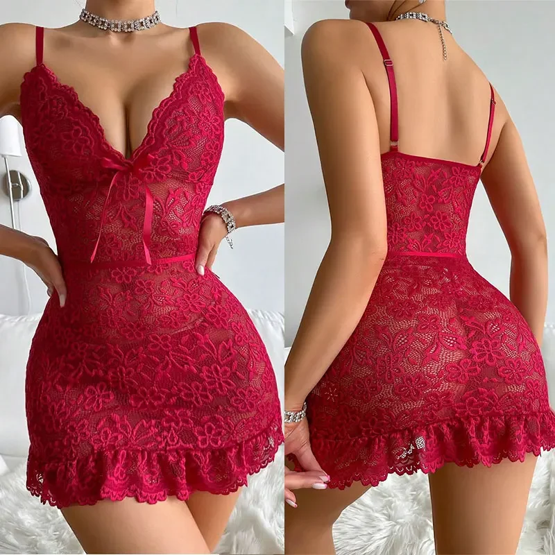 Čipka zostrihová perspektíva Sexy spodná bielizeň sada erotických rozkrokov bez spánku pyžamy set lace nočné šaty nočné košele g-string