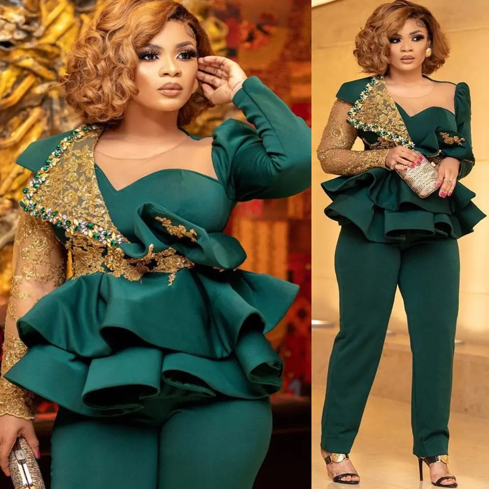 Čipkované výklenkové kombinézy Prom šaty Hunter Green Arabic aso ebi peplum korálkové kryštály večerný recept nohavicu