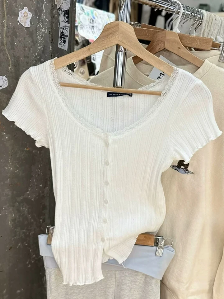 Čipkované čierne pruhované pletené pletené tričko Dámske letné kopčeka Krátky rukáv Slim Tee Treasce Plain Cotton Trhirk Y2K Top