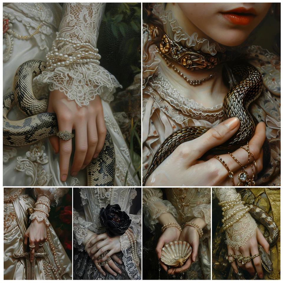 Čipky perly, meč, čierna pivonka, kríž, sviečka, náladová viktoriánska výtlačok plagátu, šperky a dievčatá nástenné umenie Canvas Print Home Decor Decor