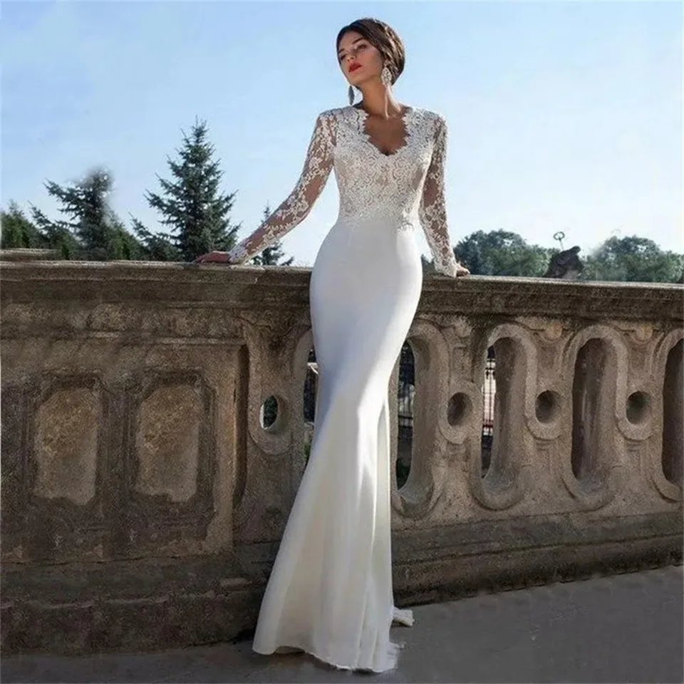 Čipky s dlhým rukávom Mermaid Svadobné šaty pre ženy vlakom elastické aplikácie Svadobné šaty Zipper zadná Vestido Novia Prispôsobené