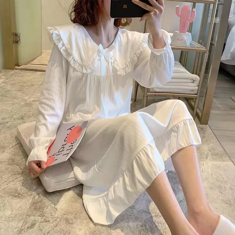 Čipky Ženy Nightgown Kórejské spánkové oblečenie Peter Pan Nightwear Nightwear Solid One Puble Pychamas Ruffles Autumn Sleep Night Dress New