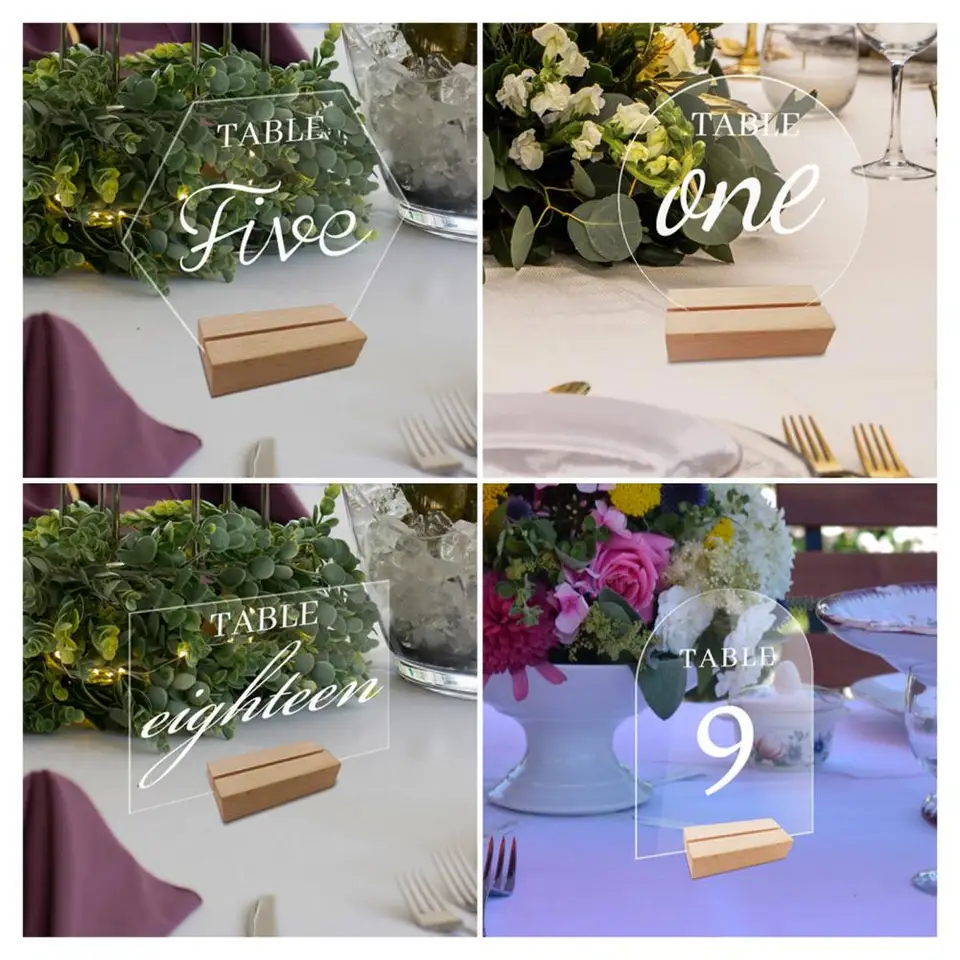 Čistá akrylová svadobná stolová značka s drevenou základňou Smooth Edge Všeobecne používaná DIY akrylová doska na sviatočnú párty dekorácie
