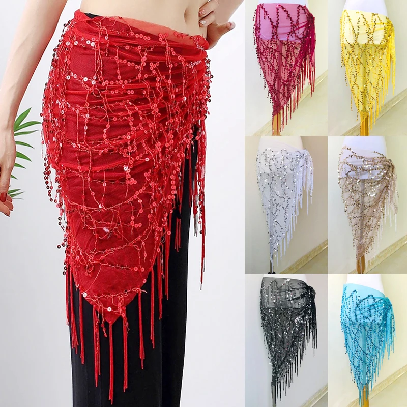 Čistá sieťová reťazca reťaz módy Nové indické brušné tanečné kostýmy Tassel Hip Scarf Latinský tanec Tylle Trojuholníkov