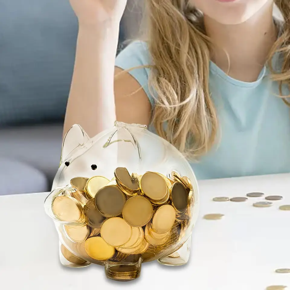 Čistá sklenená minca banka roztomilá ozdoba Fotografie rekvizity Zmena krabice Money Seting Box pre spálňu Domov obývacia izba stolová skrinka