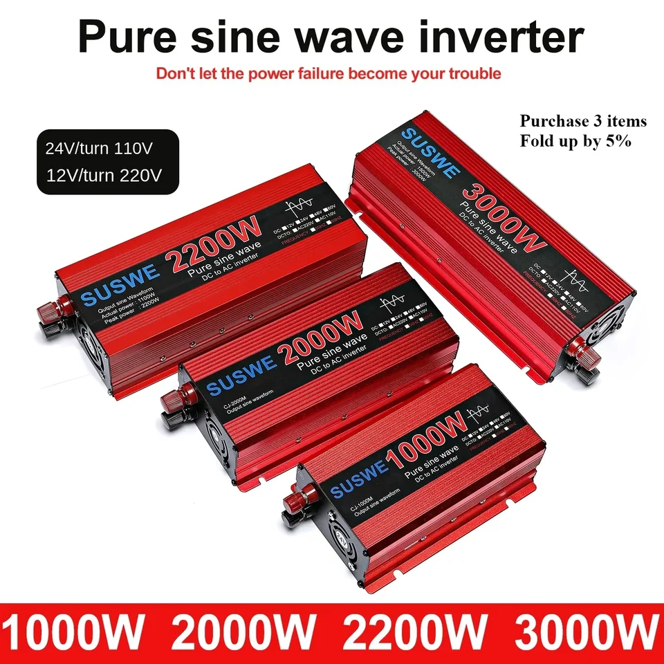 Čistá sínusová vlna 1000W/2000W/2000W/3000W prevodník 24 V až 110V-240V Externý bezpečnostný invertor