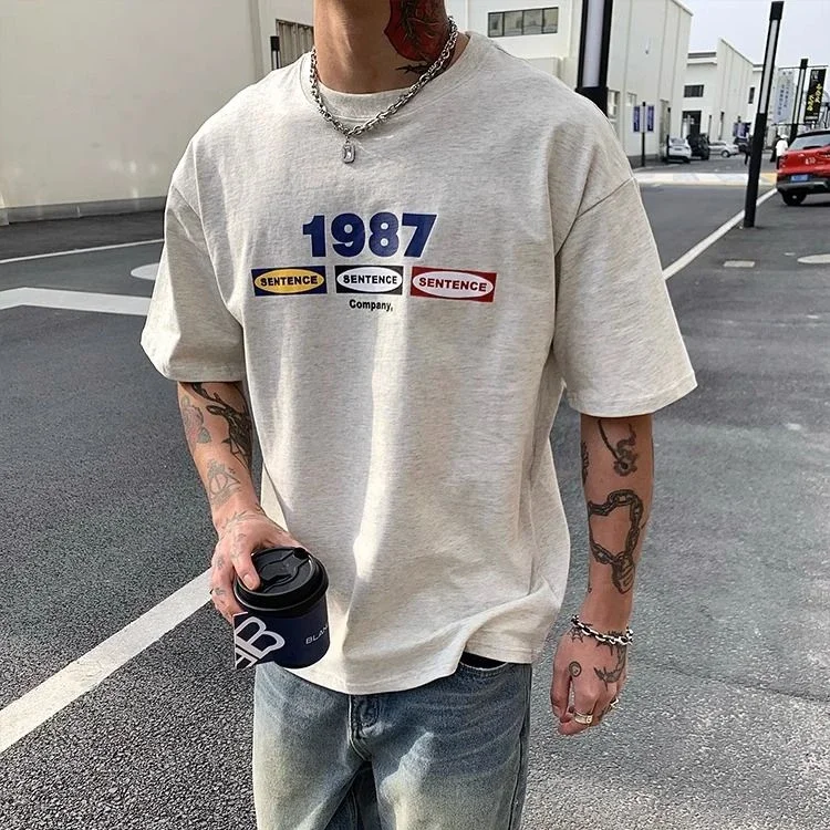 Čisté bavlnené letné kórejské písmeno tlačené tričko American Retro Round Crck Pánske biele šedé príležitostné neformálne pol rukávy Top y2k ins emo