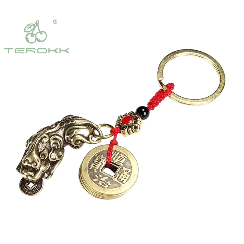 Čisté medené mince s priaznivým božským šelmom Kľúčenky vintage feng shui Lucky prívesok päť cisárskych mincí Key Ručné prívesky