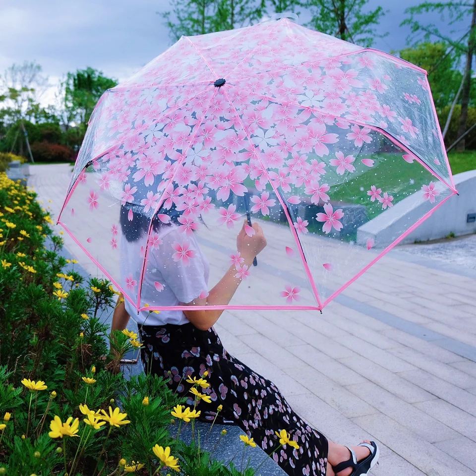 Čistý dáždnik PVC roztomilý trojnásobný trojnásobok čerešňového kvetu Sakura Priehľadný dáždnik Flora tlač, dažďový a veterný
