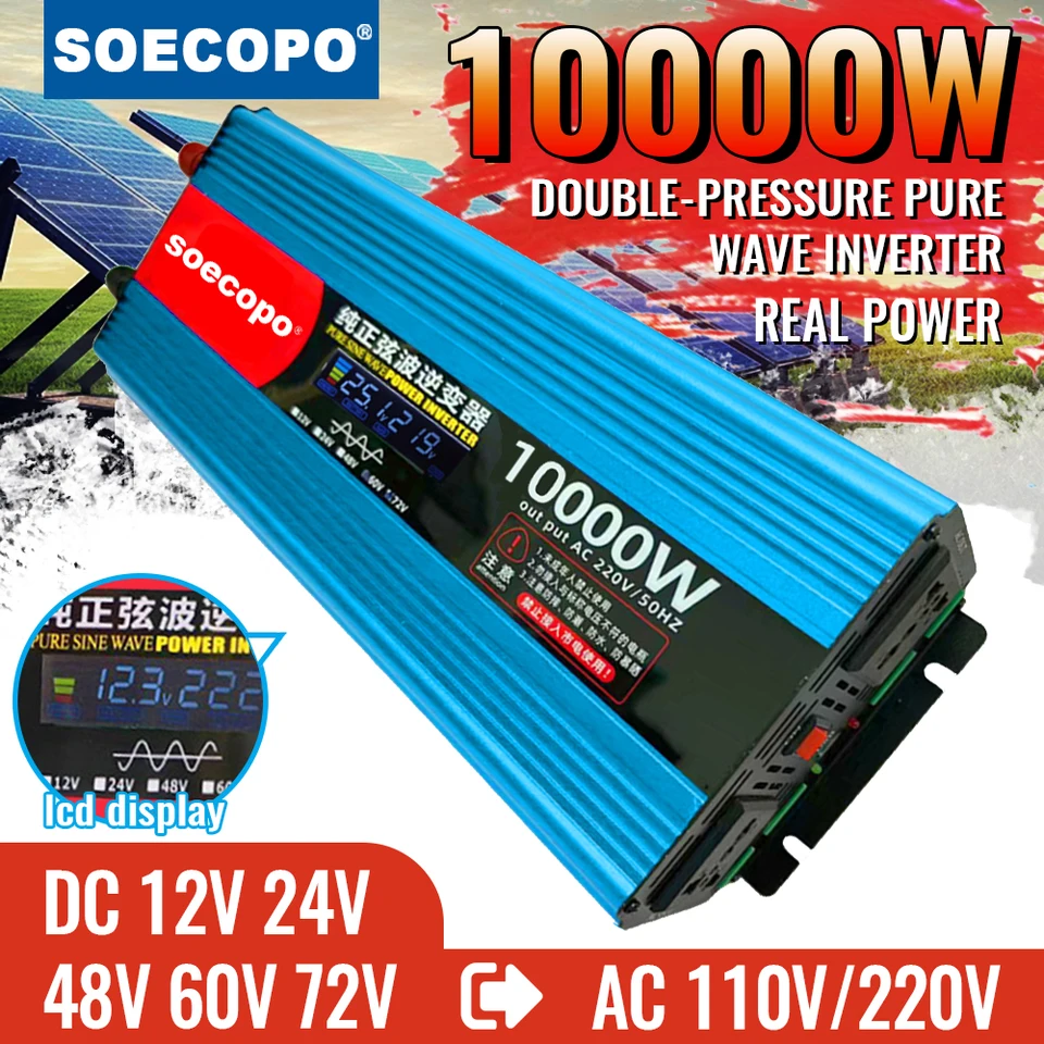 Čistý invertor sínusovej vlny 10000 W dizajn duálneho napätia pre vozidlá/nákladné vozidlá/e-motorcycle/Home 12V/24V/48V/60V/72V až 110 V/220V LCD displej LCD