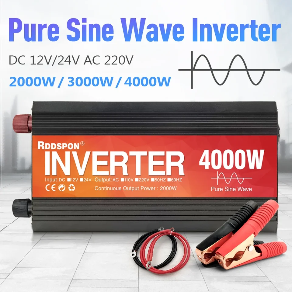 Čistý invertor výkonu sínusovej vlny 12V 24V AC 220V 4000W 3000W 2000W 1600W 1000 W Pure Sinus Wave Converter Solar Inverter Transformátor