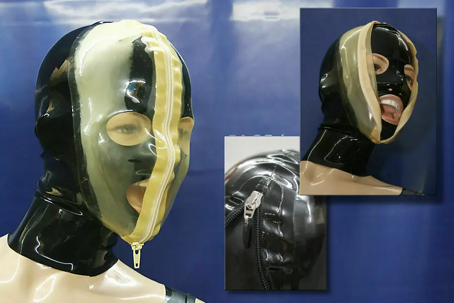 Čistý latex Gummi Anti-Clip Schwarz Maske Kapuze Hood Tight Zipper 0,4 mm s-xxl