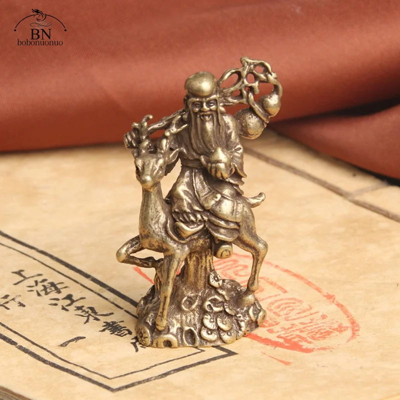 Čistý medený čínsky Boh dlhovekosti jazdiaca jeleň ozdoba narodeniny darčeky remeslá starožitné bronzové Buddha socha figurína miniatúra