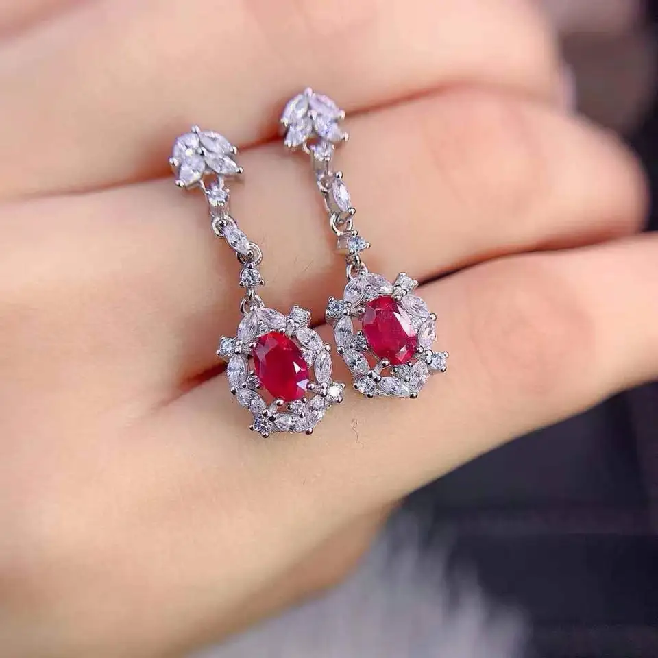 Čistý prírodný rubíny náušnice 925 Sterling Silver Elegantné ženské večierky Doprava zdarma