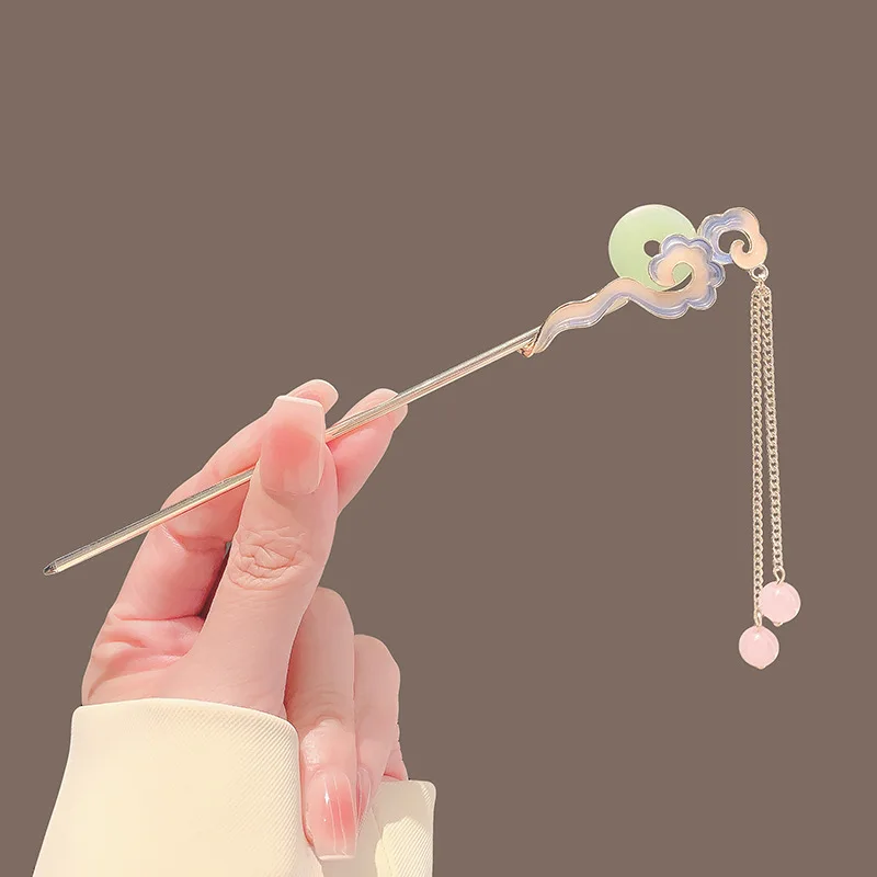 Čína elegantný smalt Lucky Clouds iimitation jade vlasová palica Ženy Tassel prívesok kader