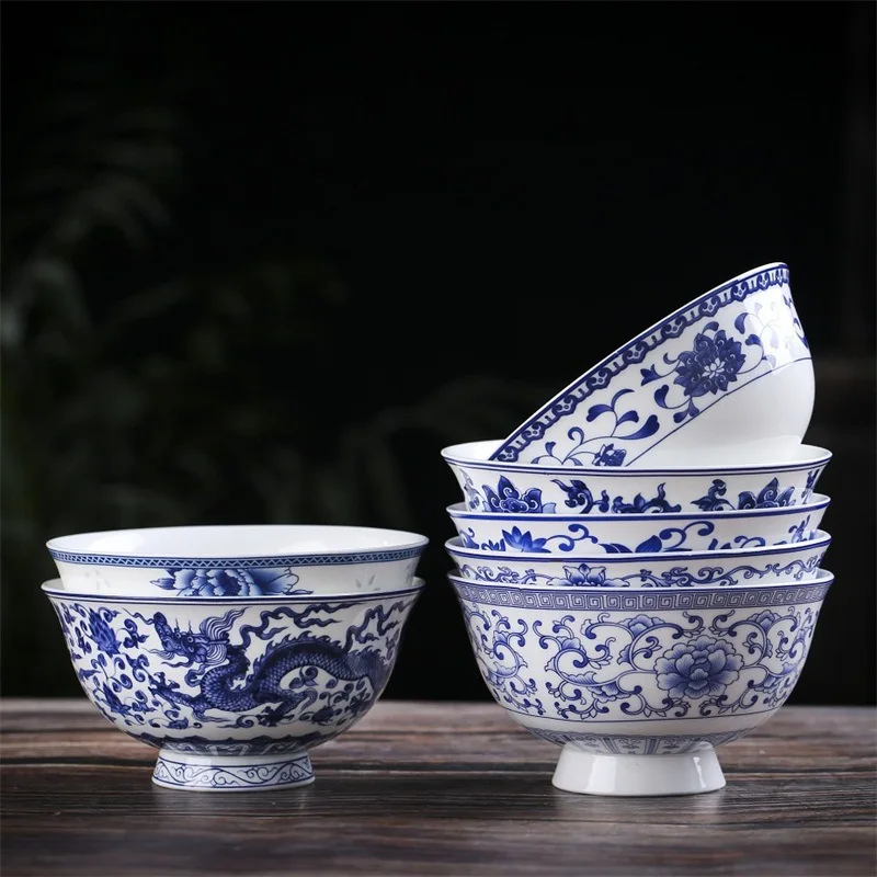 Čínska modrá a biela porcelánová ryžová misa Noodle Soup Bowl misa Jingdezhen Špeciálna starožitná misa s vysokým nohám