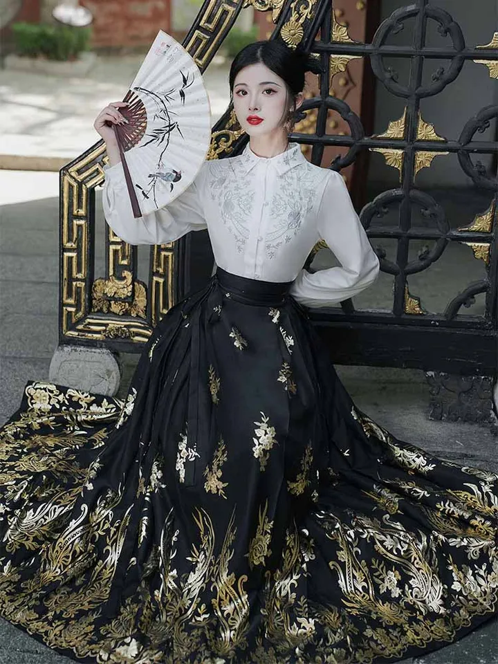 Čínska sukňa s sukňou na koni sukne Ženy Ming Dynasty Modern Jacquard Black Hanfu s dlhým rukávom tričko Pleats Sada sukne plus veľkosť xl