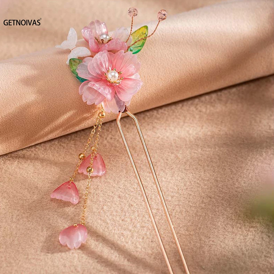 Čínska vlasová palica kvetina Tassel Hairpin Girls Girls Hair Forks Chopsticks Vintage Hanfu Hadpiece Hand ketail Držiteľ vlasové šperky