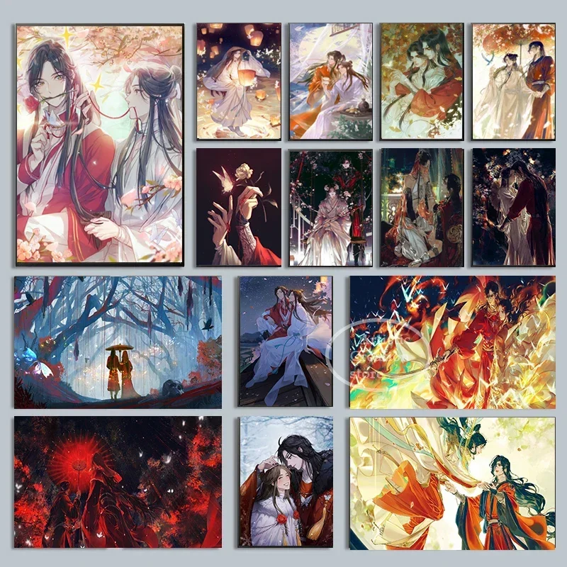 Čínske anime nebeské oficiálne požehnanie Xie lian Huacheng Bl Anime Manga Canvas Plagáty maľba nástenná umelecká spálňa Domovod