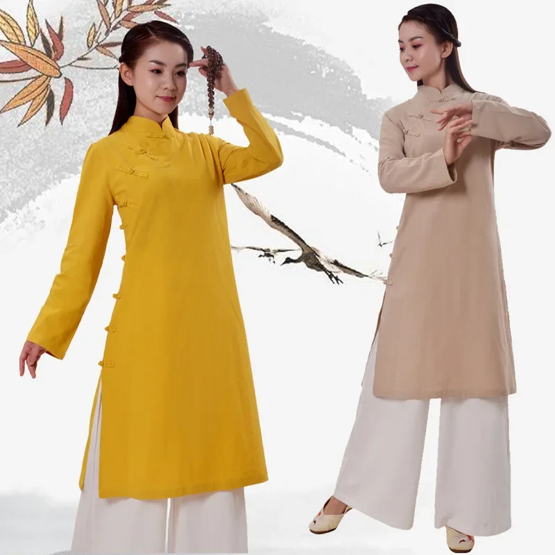 Čínske tradičné dlhé kabáty Ženy bavlnené bielizeň hanfu robe dámske taoistické elegantné zenové čaj Kung fu wushu voľné šaty šaty