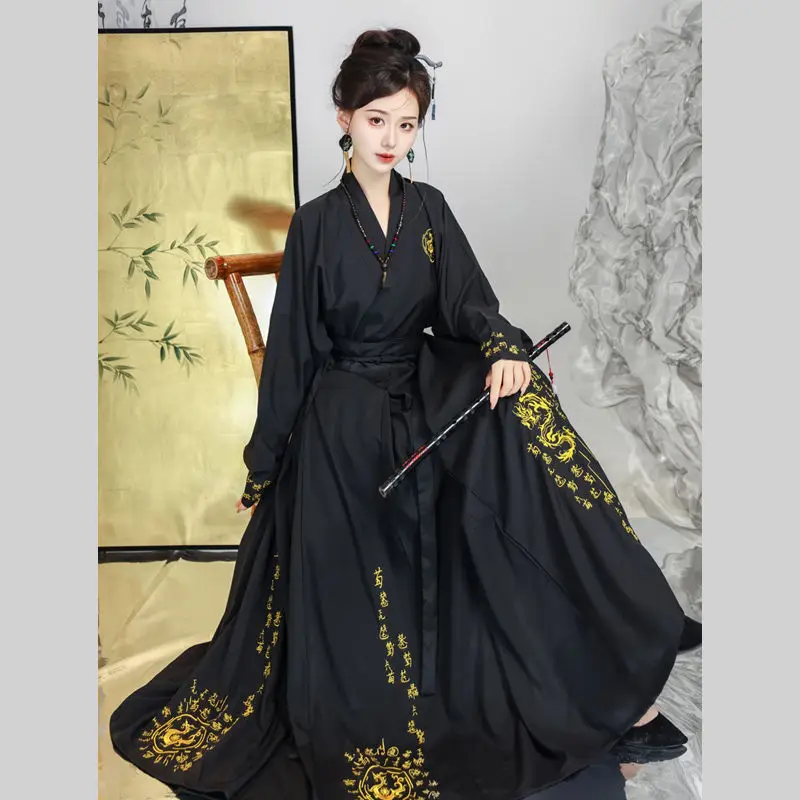 Čínske tradičné hanfu výšivky cosplay kostýmy šaty žien pieseň dynastia čierne sady cool retro hanbok girl folk tanec