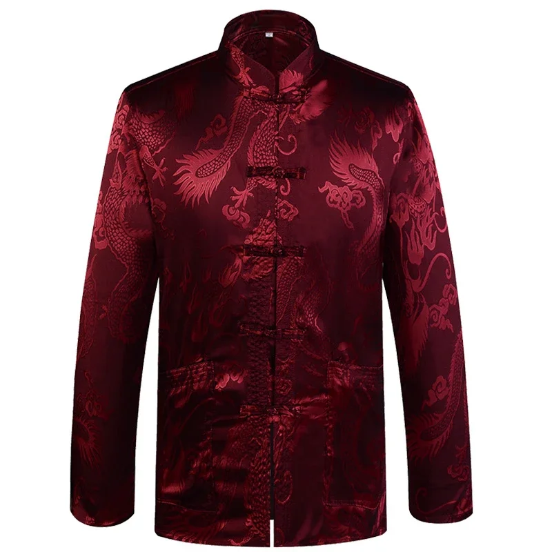 Čínske tradičné pánske saténové mandarínske obojky Dragon Silk Tang Suit oblečenie kung fu sako kabát