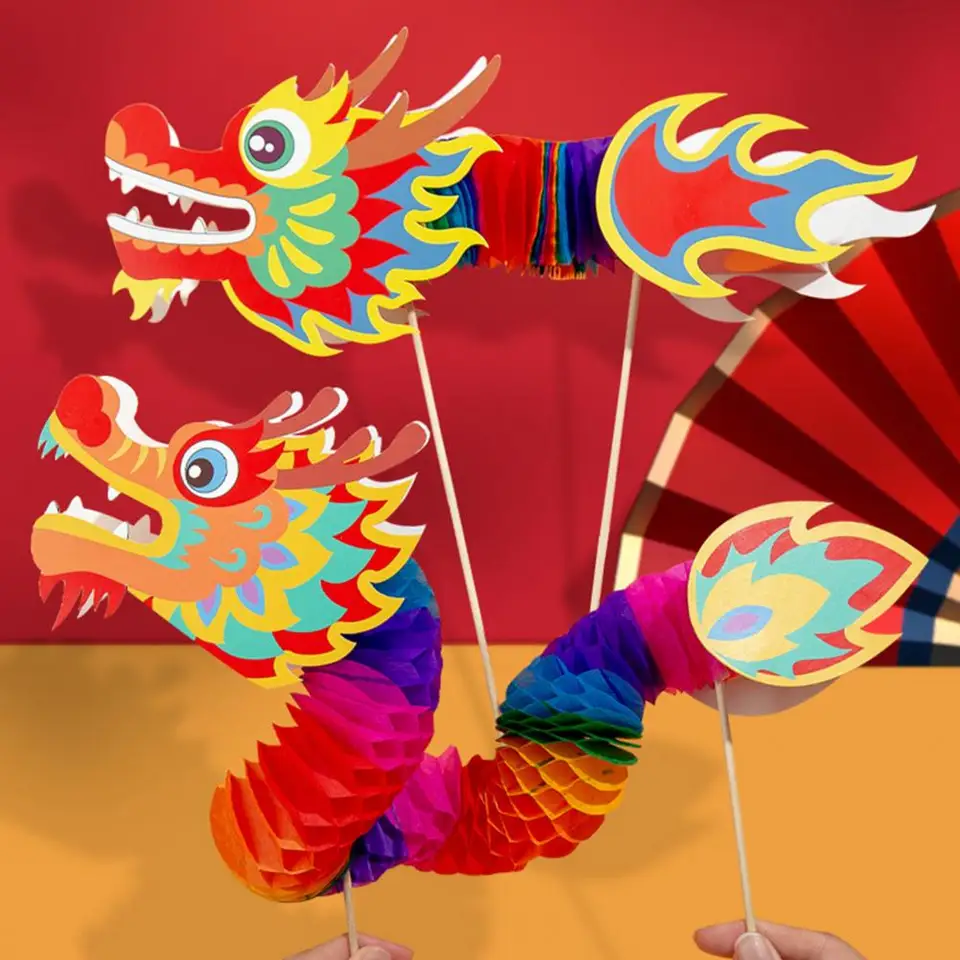 Čínsky drak tanečný hračkársky papier Dragon Dragon Dekorácie Čínska nová roka Drevená palica Dragon Dance Toy Festive Dragons Pull Flower Toy