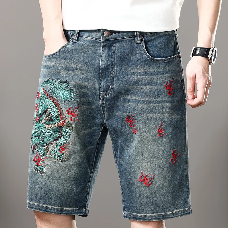 Čínsky drak výšivok džínsoviny Denim Peny's Straight Loose Plus Módna móda Príležitostná ulica High-end vyšívané stredné nohavice