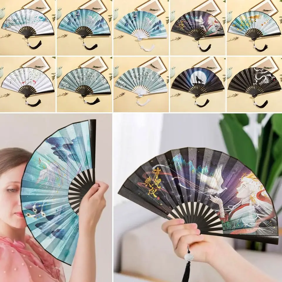 Čínsky japonský hodvábny skladací ventilátor Vintage štýl hodvábny skladací ventilátor Drevená stopka Klasický tanec fanúšik Tassel elegantný ženský fanúšik