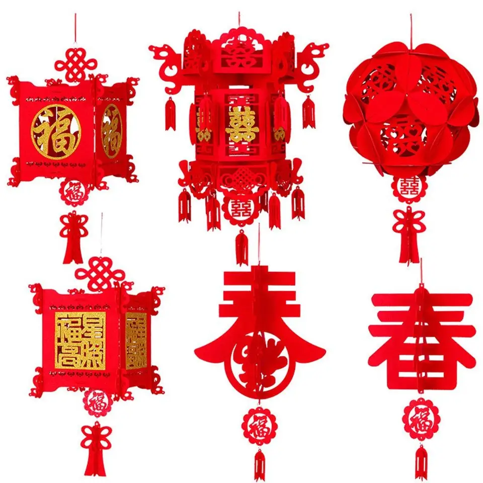 Čínsky Nový rok červená lampa DIY vodotesné zavesené ozdoby Zlatá fu postava Lantern festival čínsky jarný festival dekor