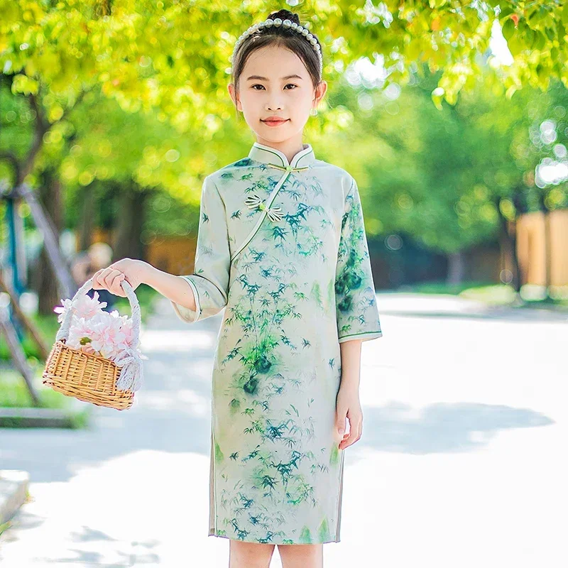 Čínsky tradičný qipao pre dievčatá zelený bambusový tlač cheongsam pre deti hanfu jeden kus rúžky mandrin golier chi-pao 2024