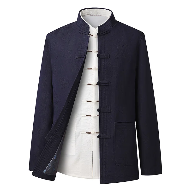 Čínsky tradičný retro Tang Top Clothte Coat Man s dlhým rukávom Tang oblek mandarínový obojok bunda Orientálna bavlna kung fu košeľa