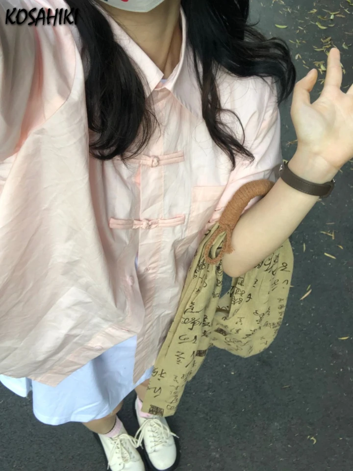 Čínsky vrecko Y2K estetická košeľa Ženy Streetwear Single Breast Grunge blúzka Harajuku nadmerne nadmerne Blusas Camisas Mujer