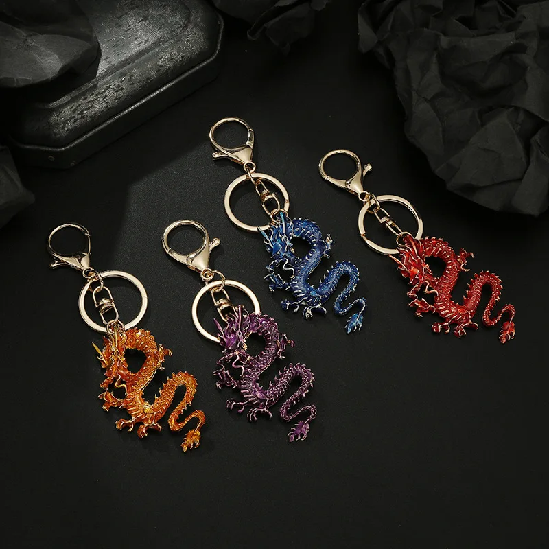 Čínsky Zodiac Dragon Keychain Kreatívny totem kamienok Kľúčový reťazec zliatiny zliatiny Kľúč prsteň Ženy Men Men Bag prívesok