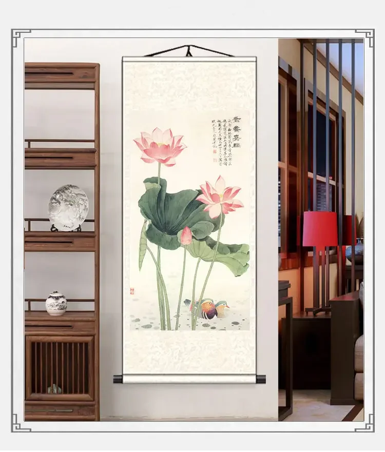 Čínsky štýl Lotus Scroll Paintings Wall Art Plagáty Vintage izba dekor estetické steny zavesenie obývacej izby Office Obrázok nástenná maľba