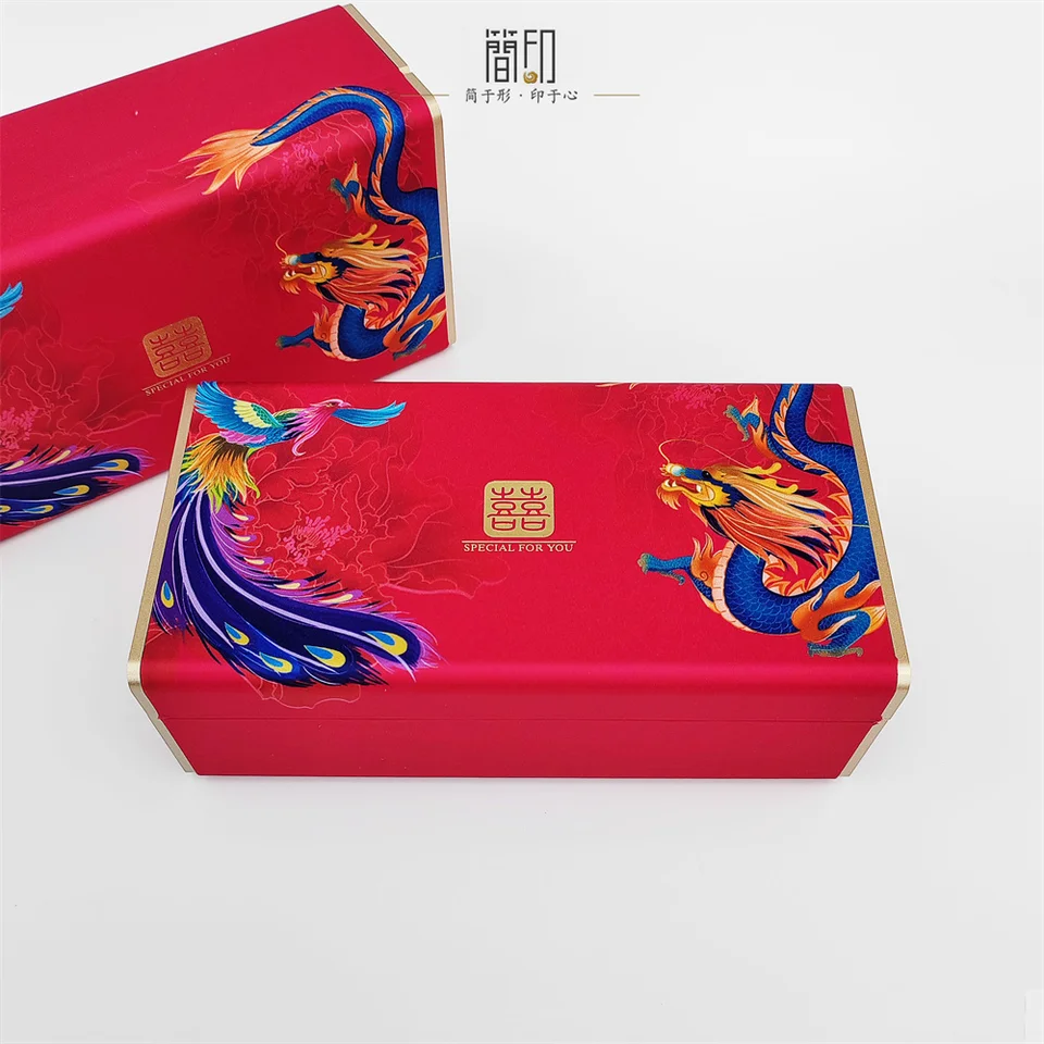 Čínsky štýl Svadobné šperky set box, tradičný červený drak a vzor Phoenix Pattern Darček pre šperky, úložný priestor pre zlaté šperky