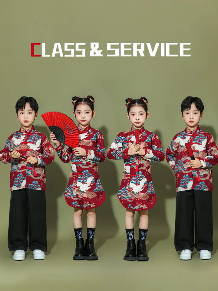 Čínsky štýl Tang Costume Hanfu Performance Costume, Girls 'Qipao Set Boy Stage Costuress Set